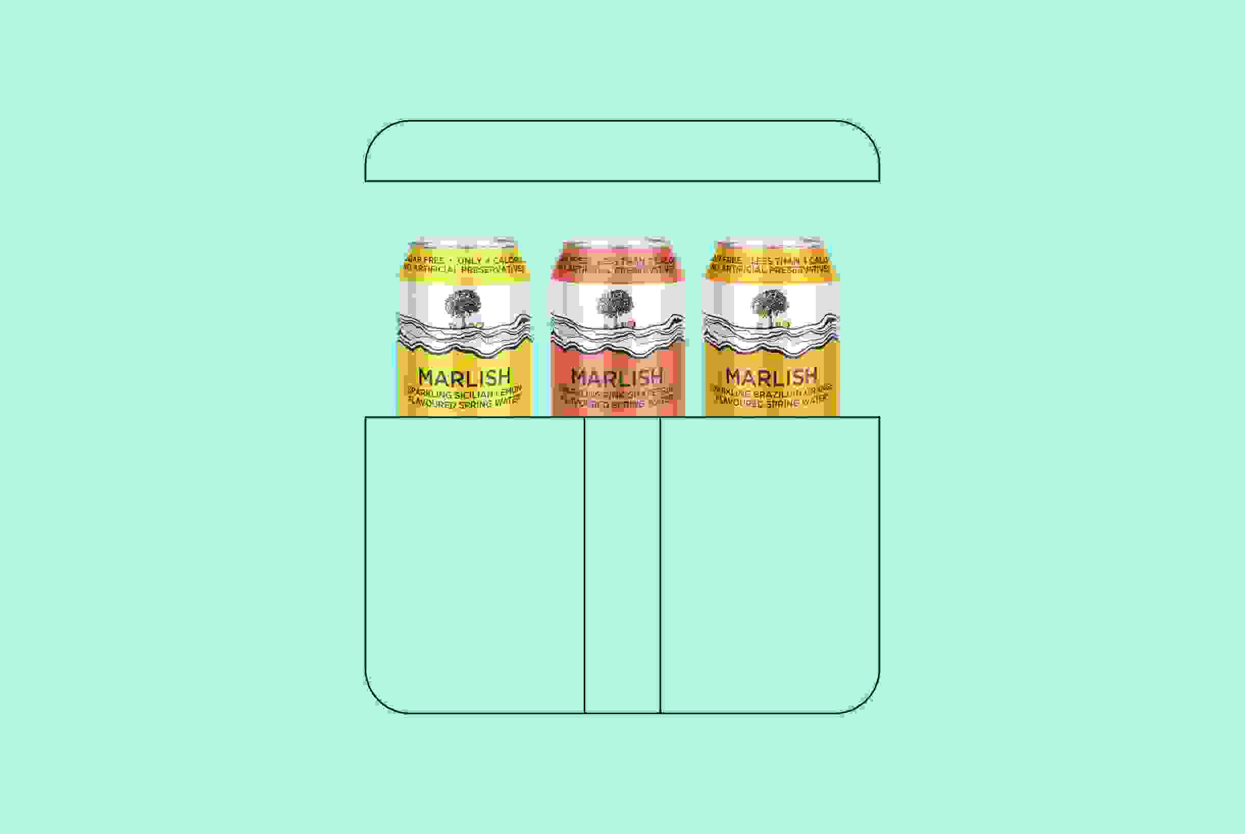 A mock-up of 2 Marlish water cans in an illustrated packaging holder